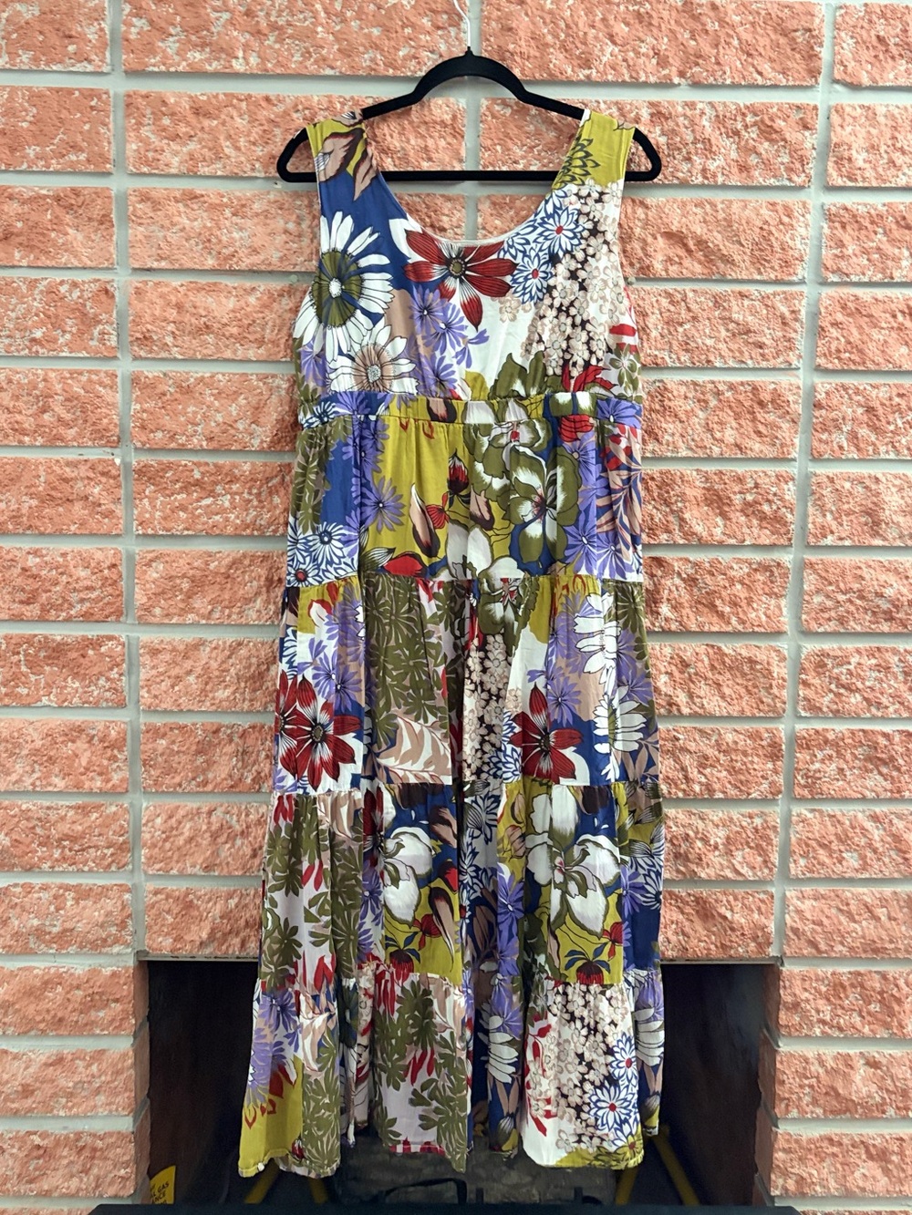 Patchwork Floral Maxi Dress in Olive, Blue & Cream